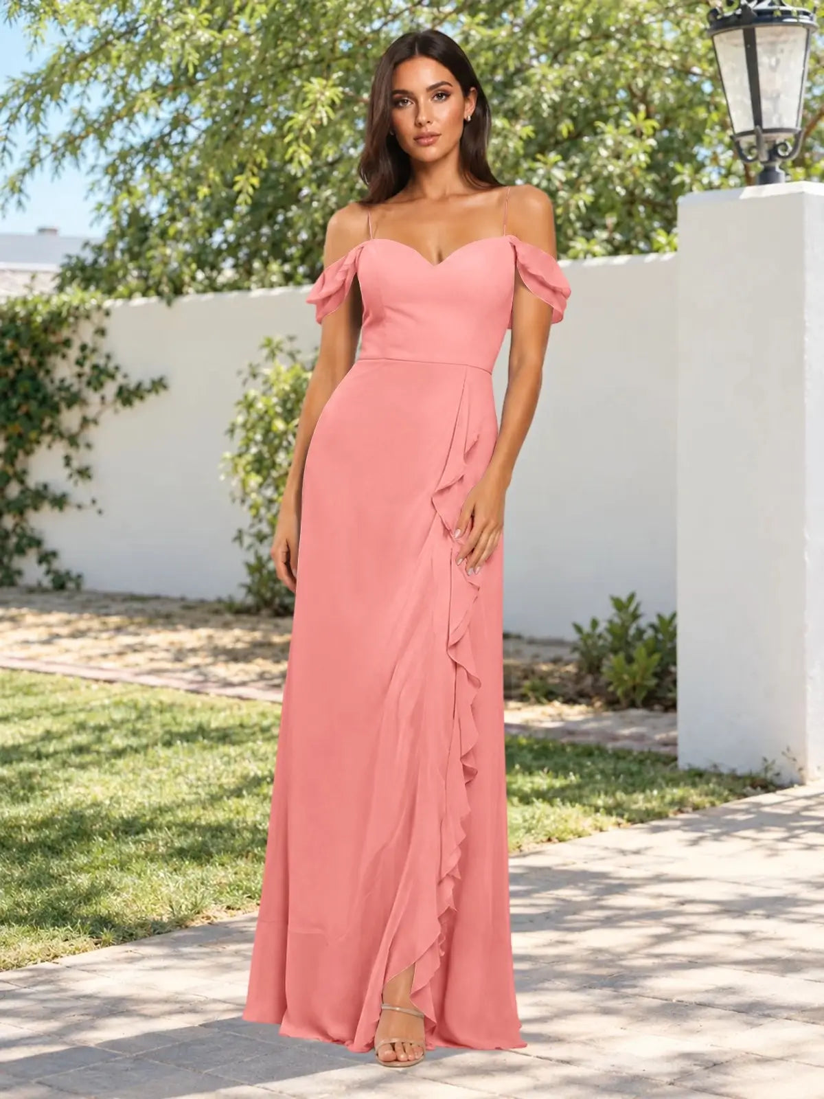 Sweetheart Neckline Bridesmaid Dress with Ruffled Details
