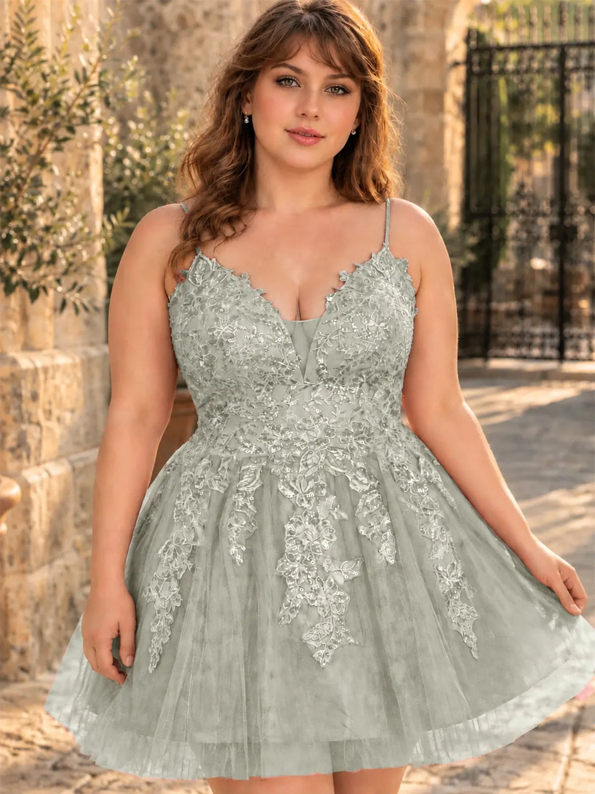 Applique Soft Tulle Mini Dress-Plus Size 