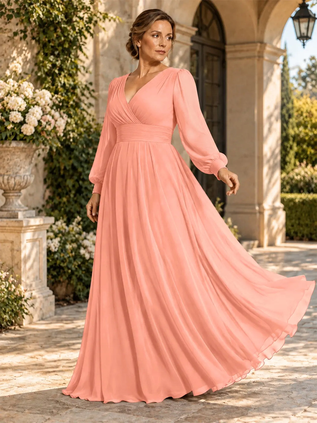 Chiffon Mother of the Bride Dress with Long Sleeves-Plus Size 