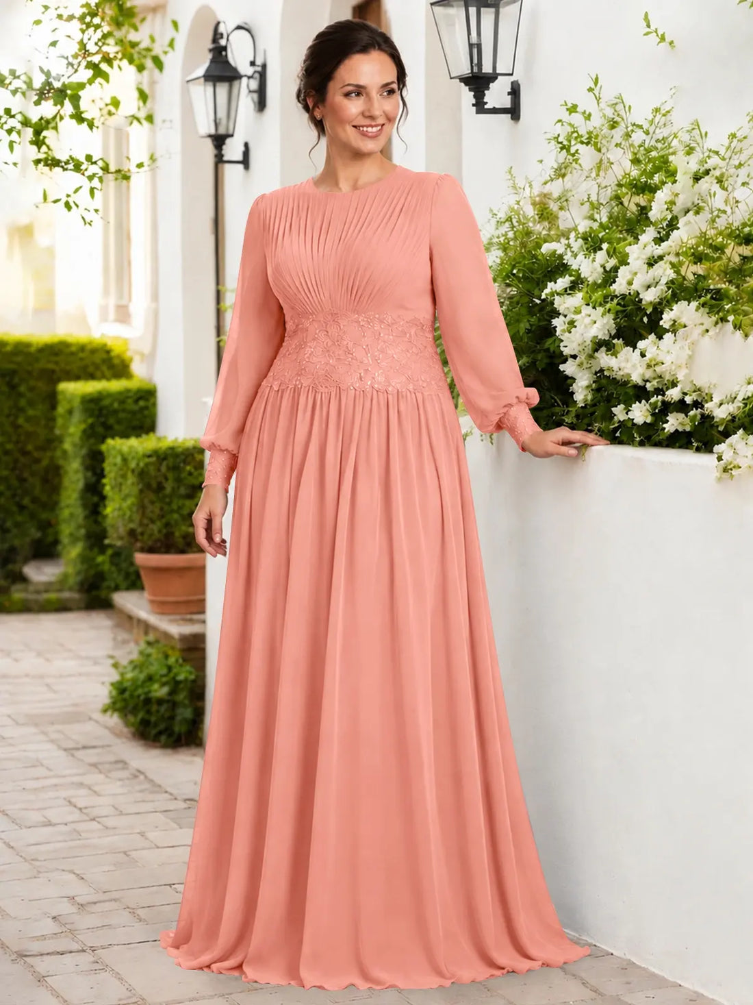 Chiffon Mother of the Bride Dress with Jewel Neckline-Plus Size 