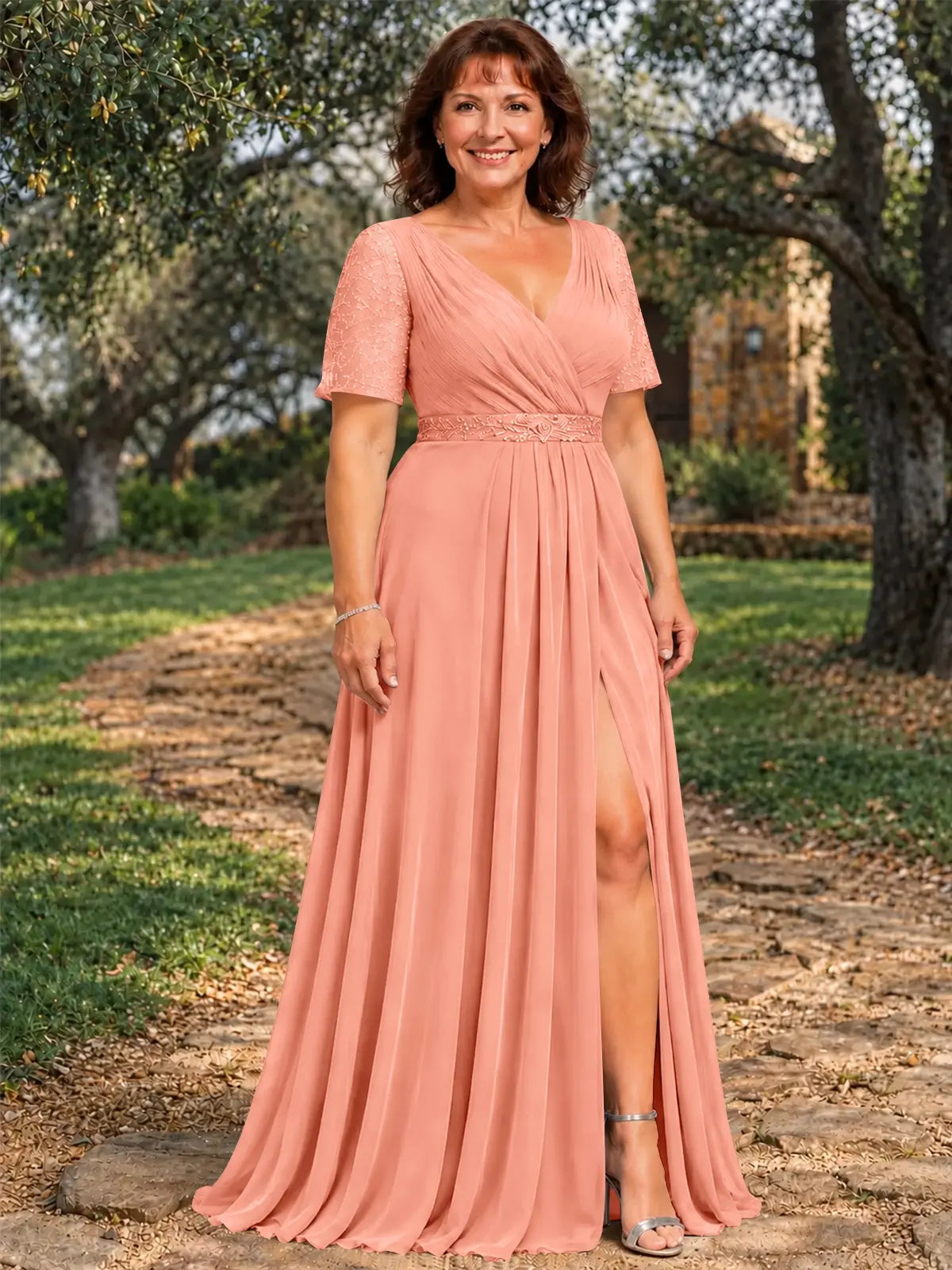 Surplice Neckline Mother of the Bride Dress with Slit-Plus Size 