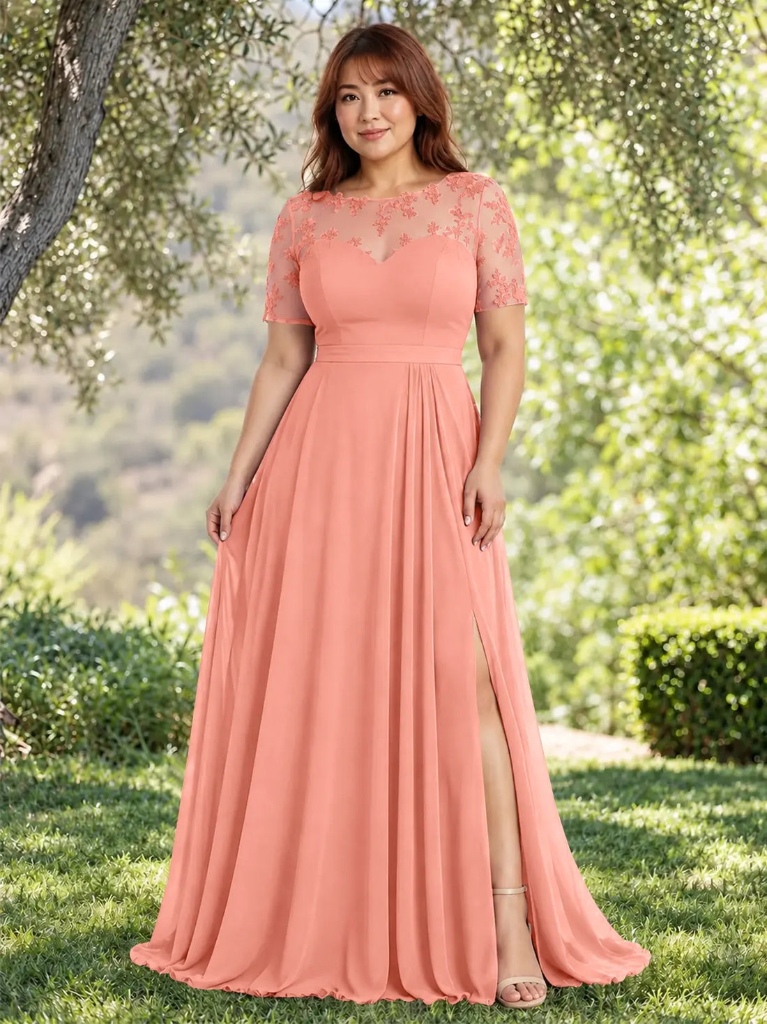 Lace Mother of the Bride Dress with Illusion Neckline-Plus Size 
