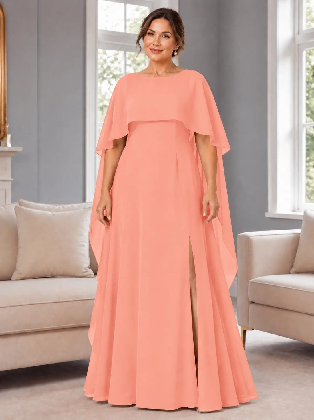 Chiffon Mother of the Bride Dress with Cape Overlay-Plus Size 