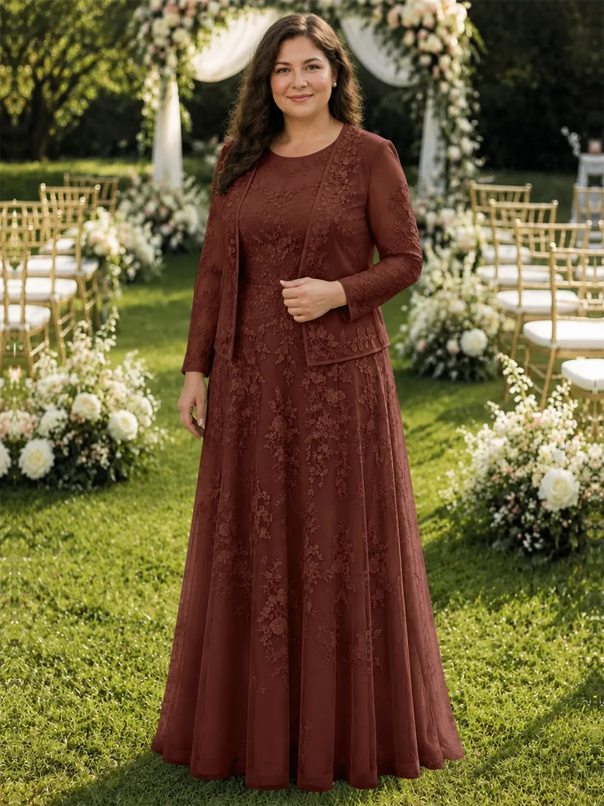Two-Piece Lace Mother of the Bride Dress with Long Sleeves-Plus Size 