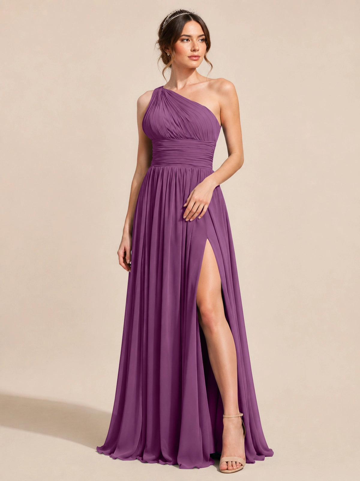 Chiffon Bridesmaid Dress with One-Shoulder Neckline 