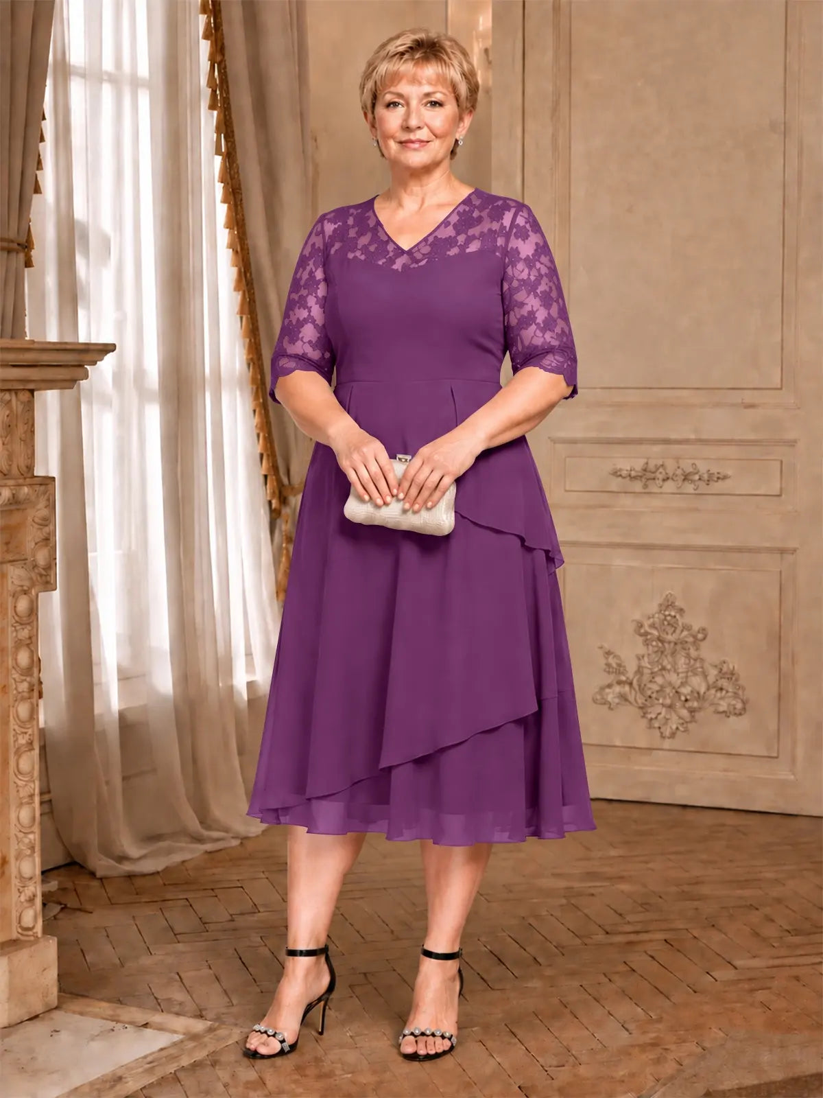 A-line Mother of the Bride Dress with Lace Sleeves-Plus Size 