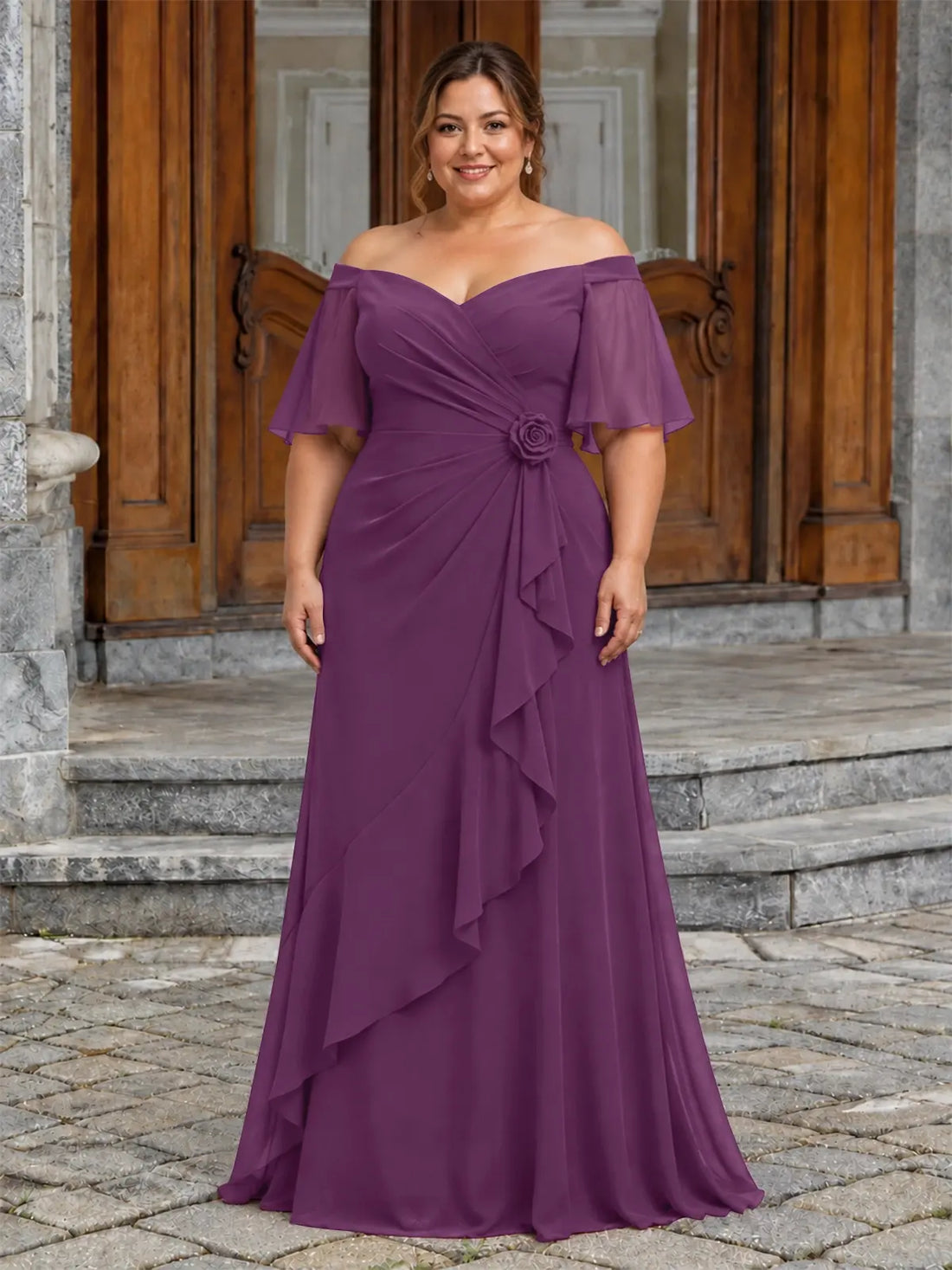 Chiffon Mother of the Bride Dress with 3D Rosette-Plus Size 