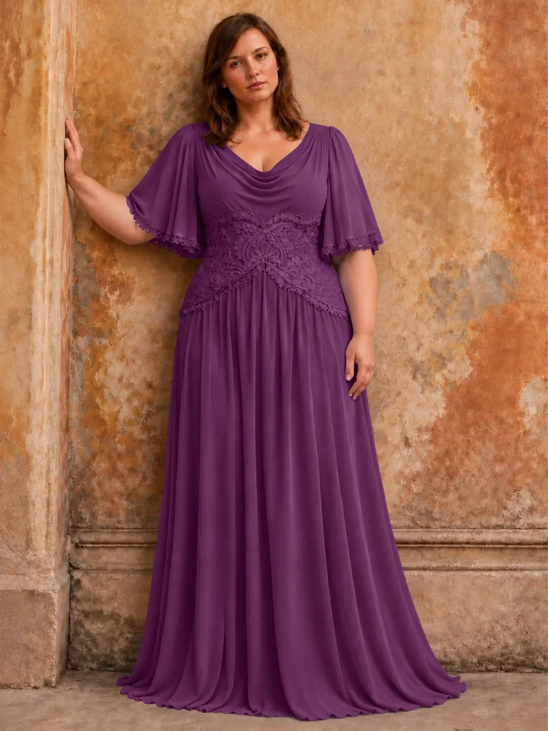 Cowl Neck Mother of the Bride Dress with Applique-Plus Size 