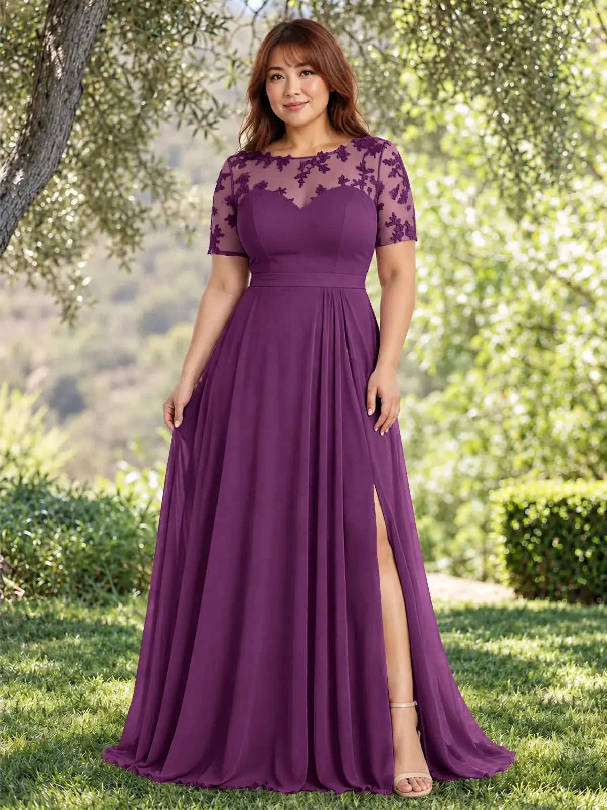 Lace Mother of the Bride Dress with Illusion Neckline-Plus Size 