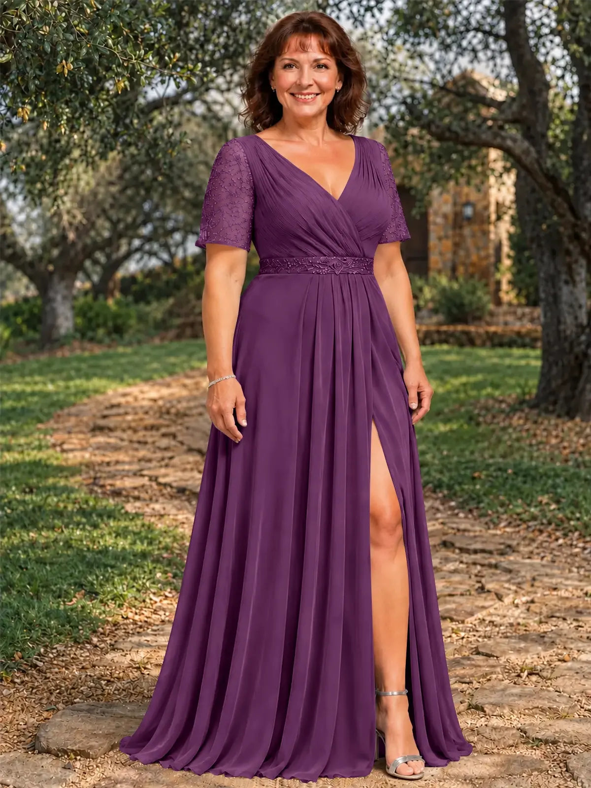 Surplice Neckline Mother of the Bride Dress with Slit-Plus Size 