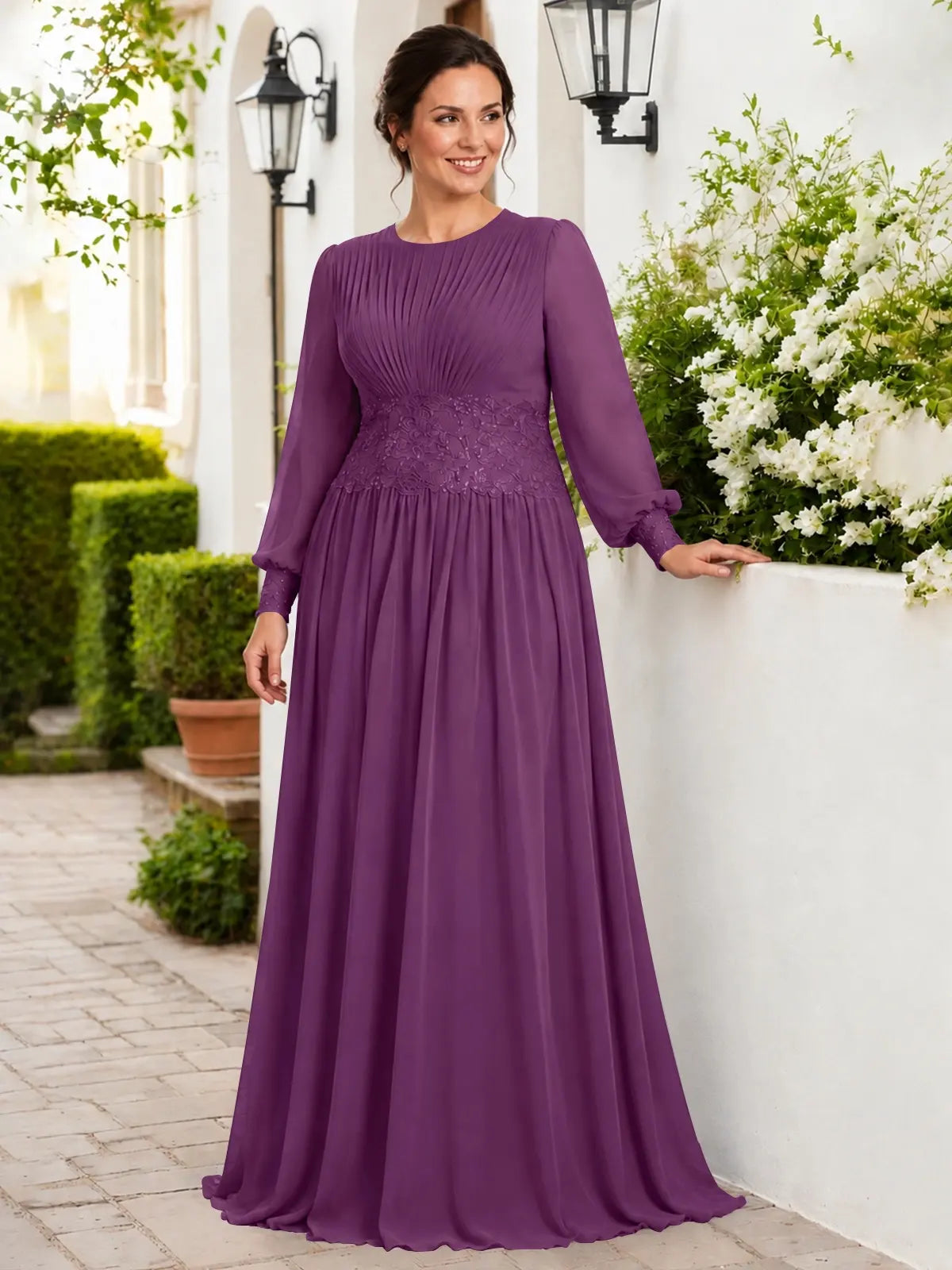 Chiffon Mother of the Bride Dress with Jewel Neckline-Plus Size 
