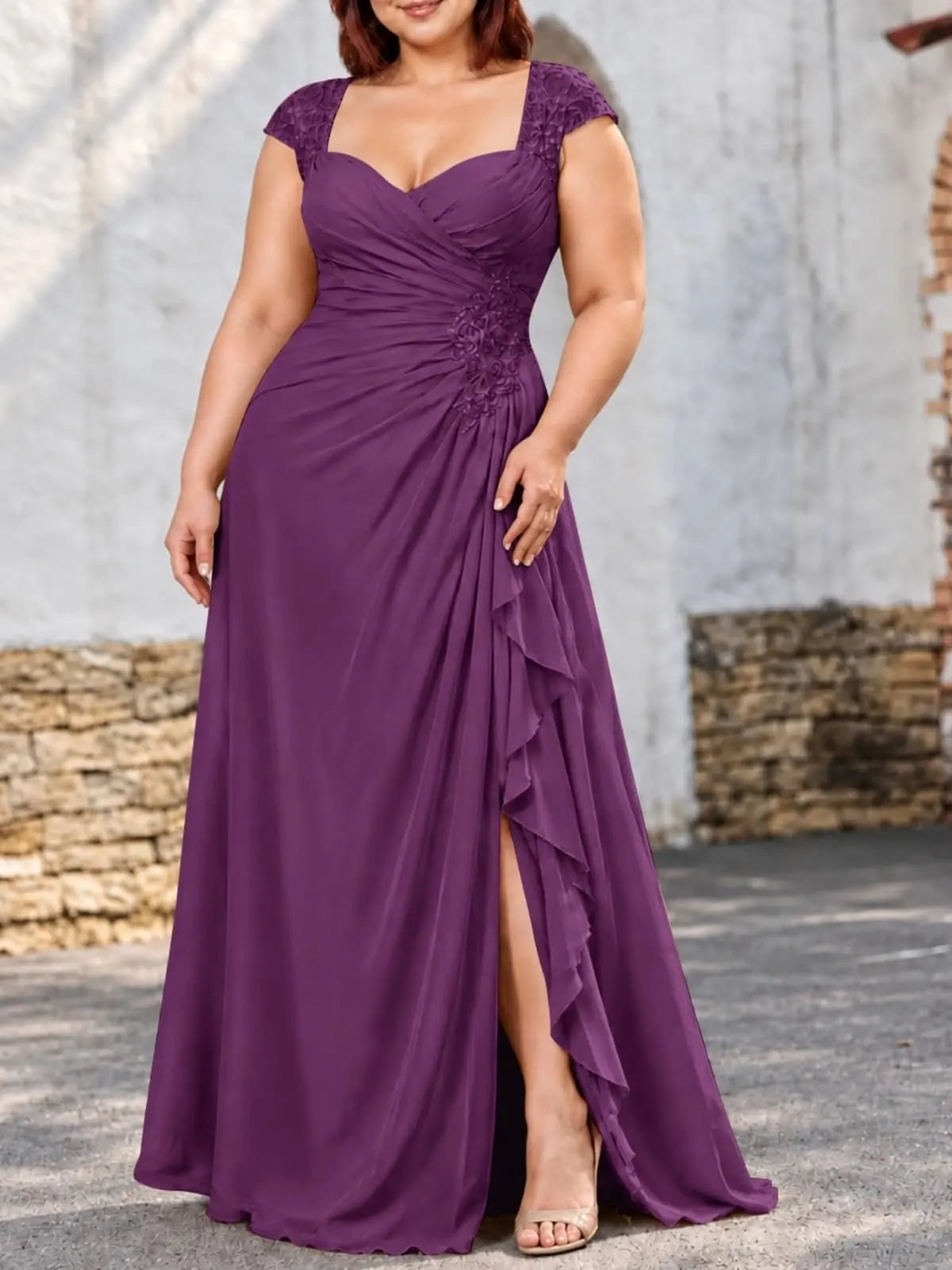 Chiffon Mother of the Bride Dress with Lace Appliques-Plus Size 