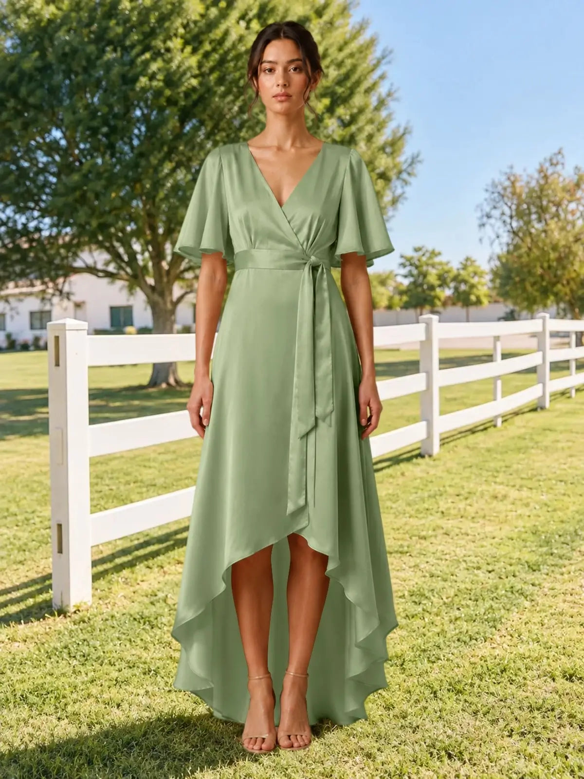 V-neck Bridesmaid Dress with Flutter Sleeves