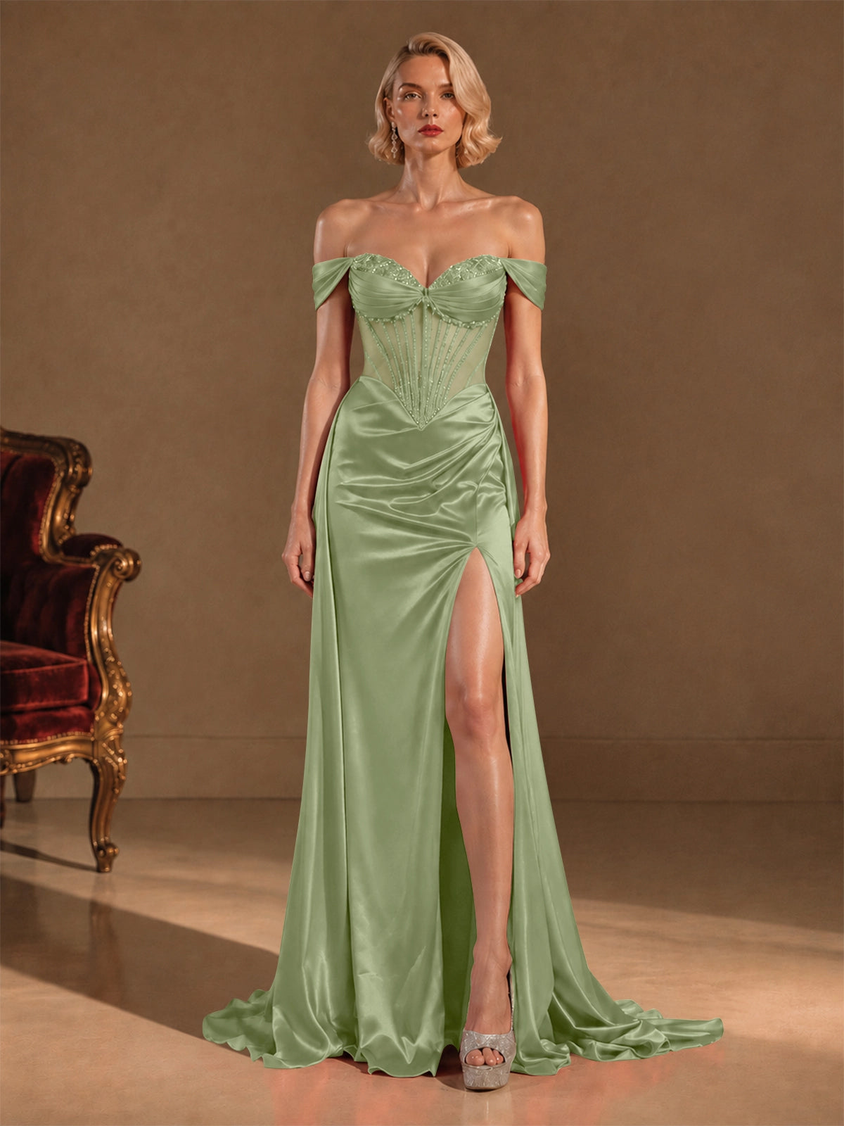Silk-like Prom Dress with Crystal Detailing 