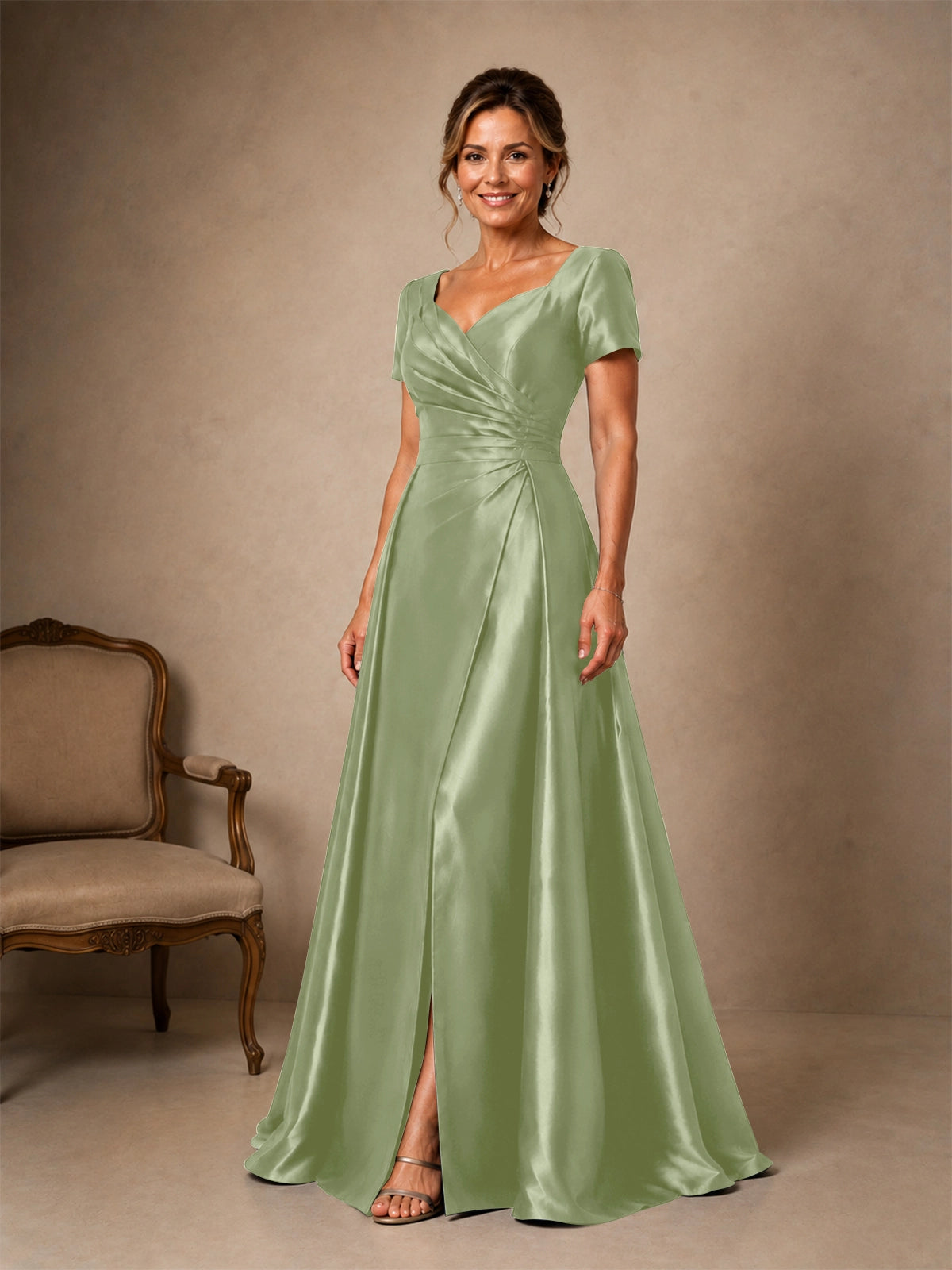 Silk-like Prom Dress with Short Sleeves 