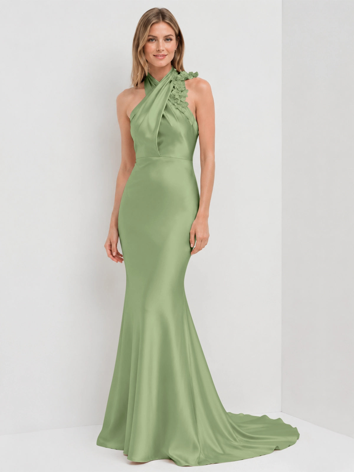 Silk-like Bridesmaid Dress with 3D Floral 