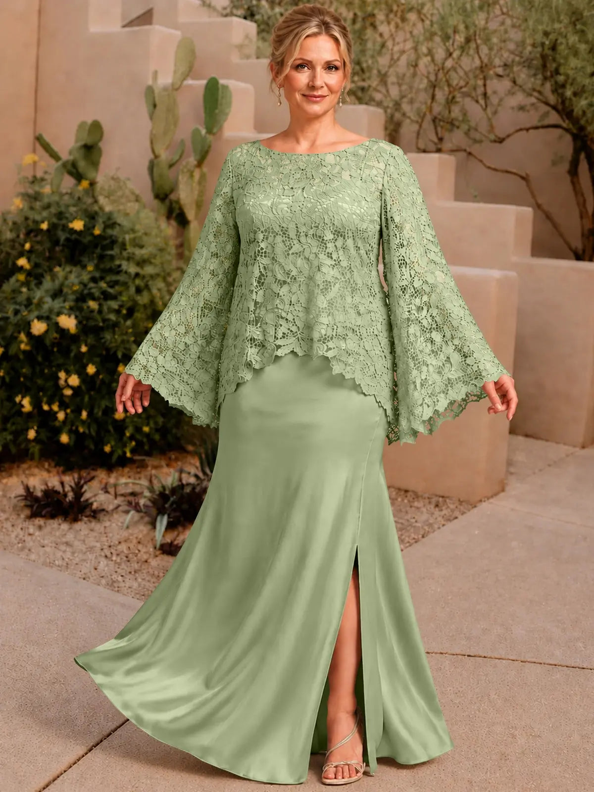 Two-piece Mother of the Bride Dress with Lace Top-Plus Size 