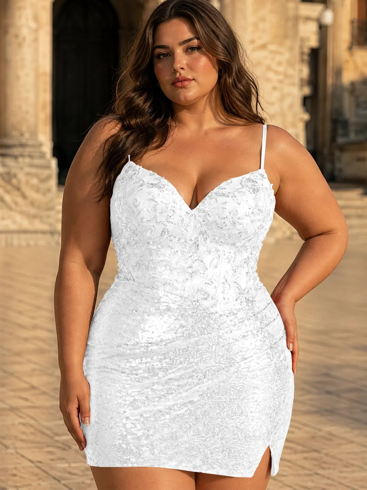 Backless Sequin Mini Dress-Plus Size 