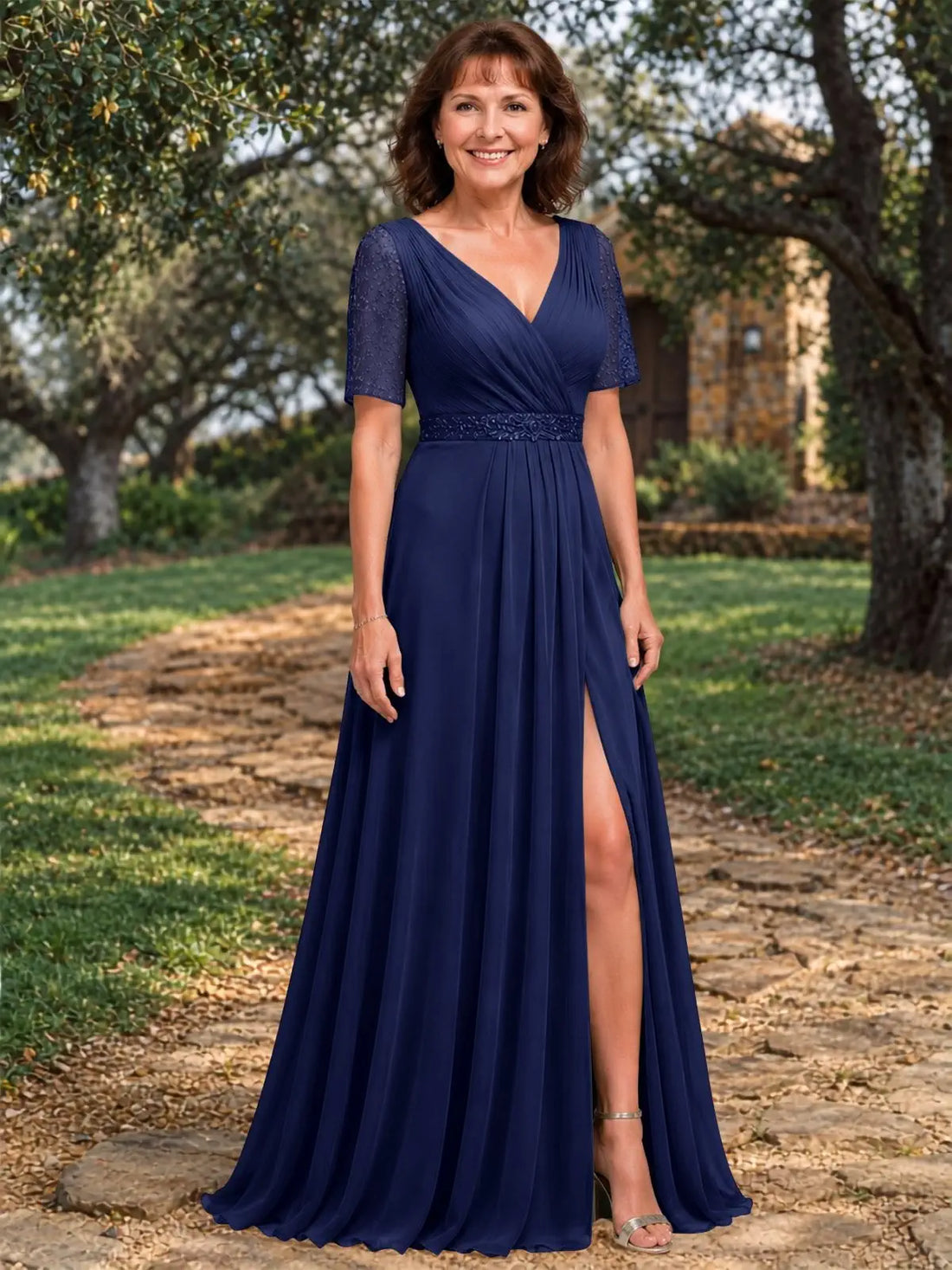 Surplice Neckline Mother of the Bride Dress with Slit 
