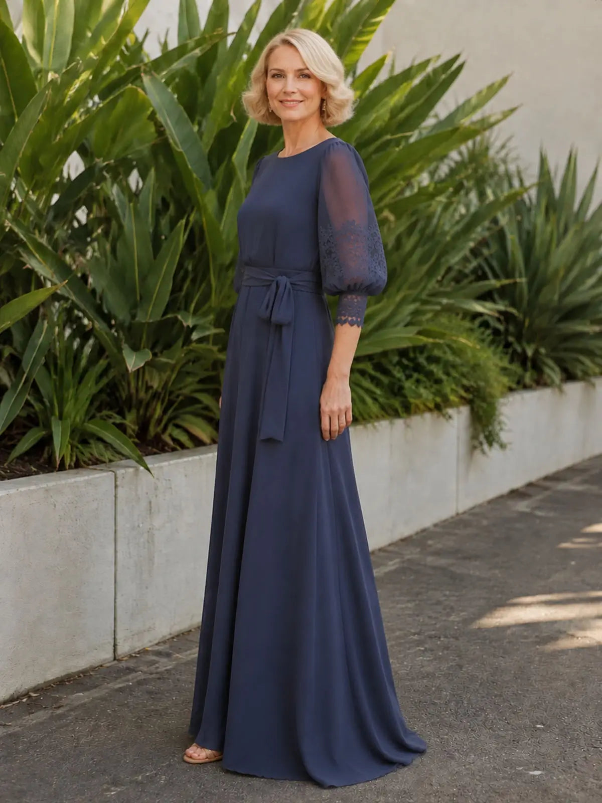 Chiffon Mother of the Bride Dress with Lace Applique Puff Sleeves 