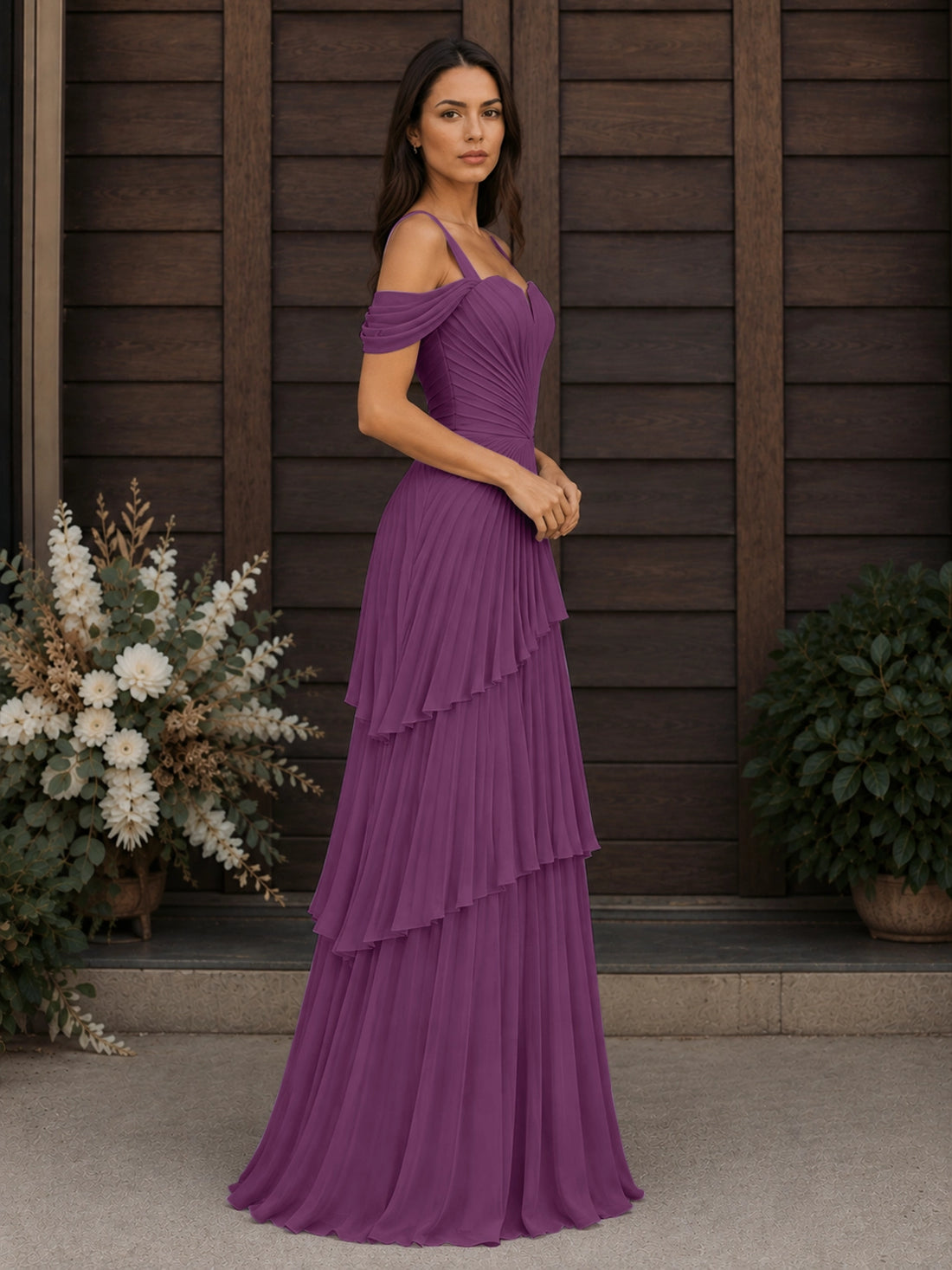 Chiffon Bridesmaid Dress with Cold-Shoulder