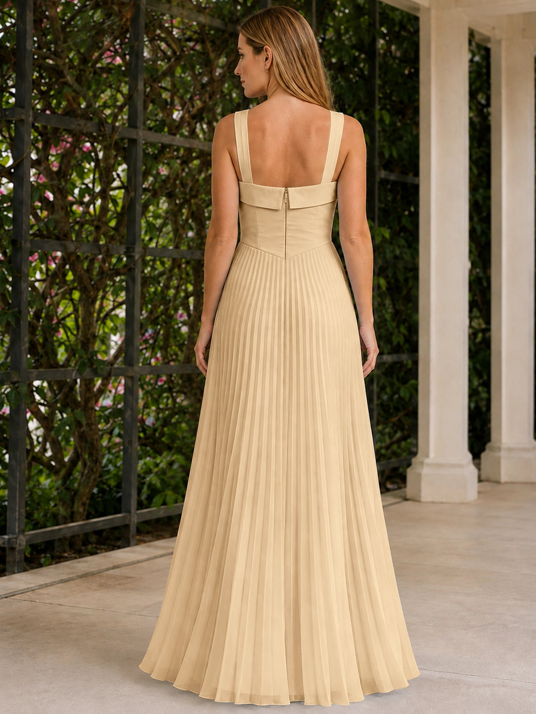 Square Neck Bridesmaid Dress with Pleated Skirt