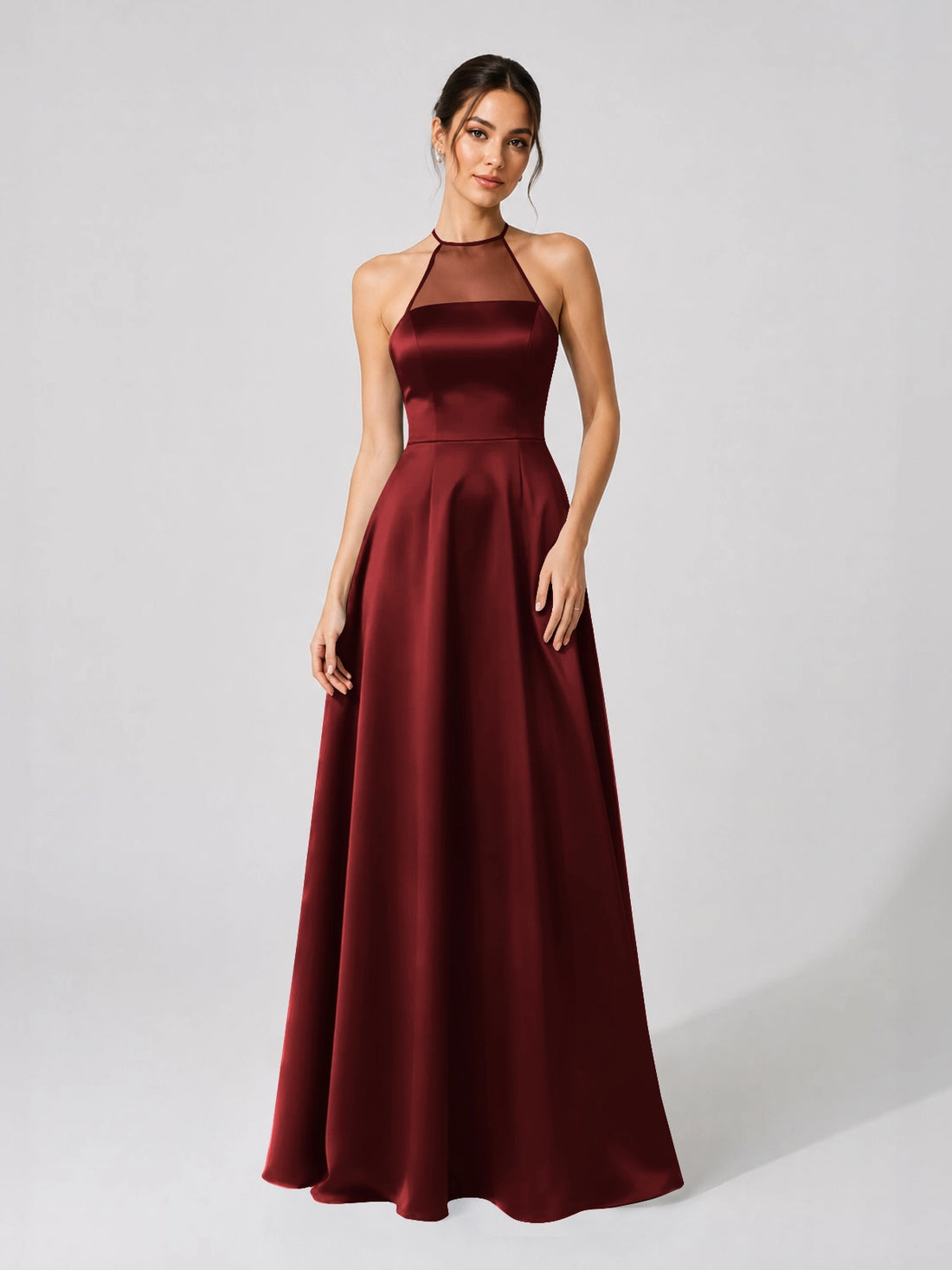 Satin Bridesmaid Dress with Illusion Halter Neck 