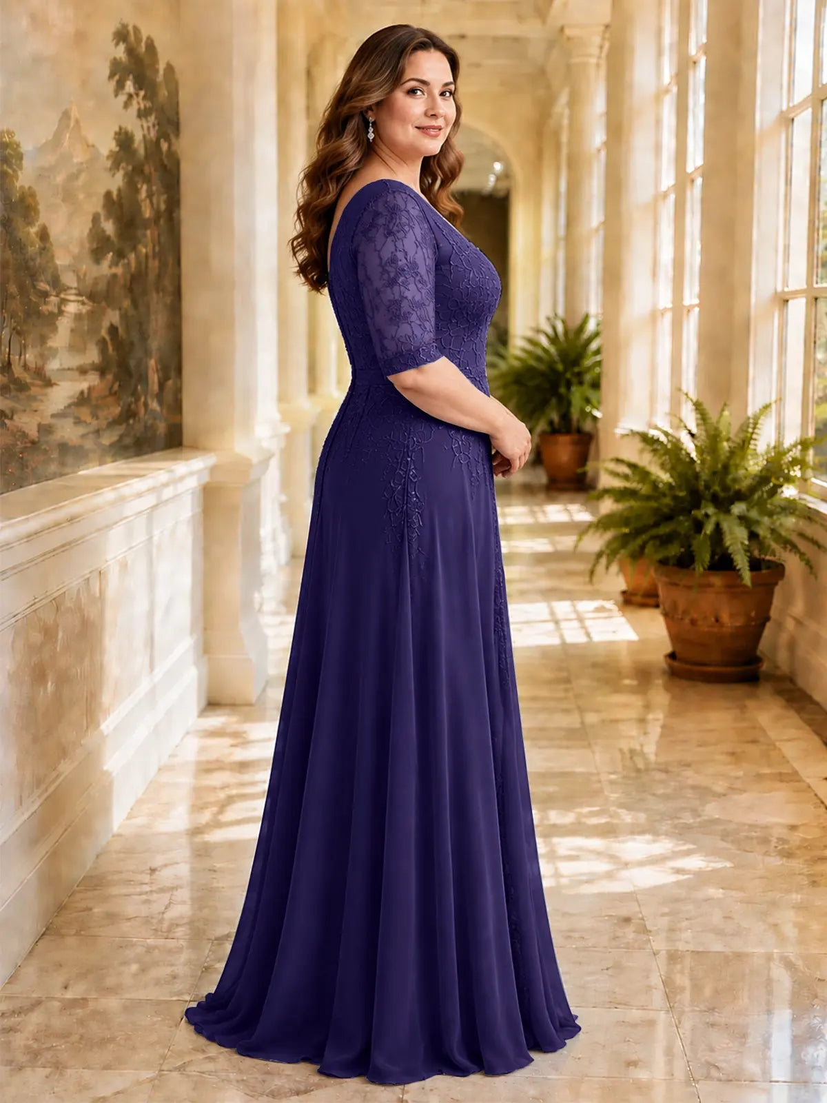 Applique V-Neck Chiffon Dress-Plus Size