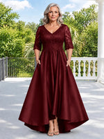 Satin Mother of the Bride Dress with Lace Sleeves-Plus Size 