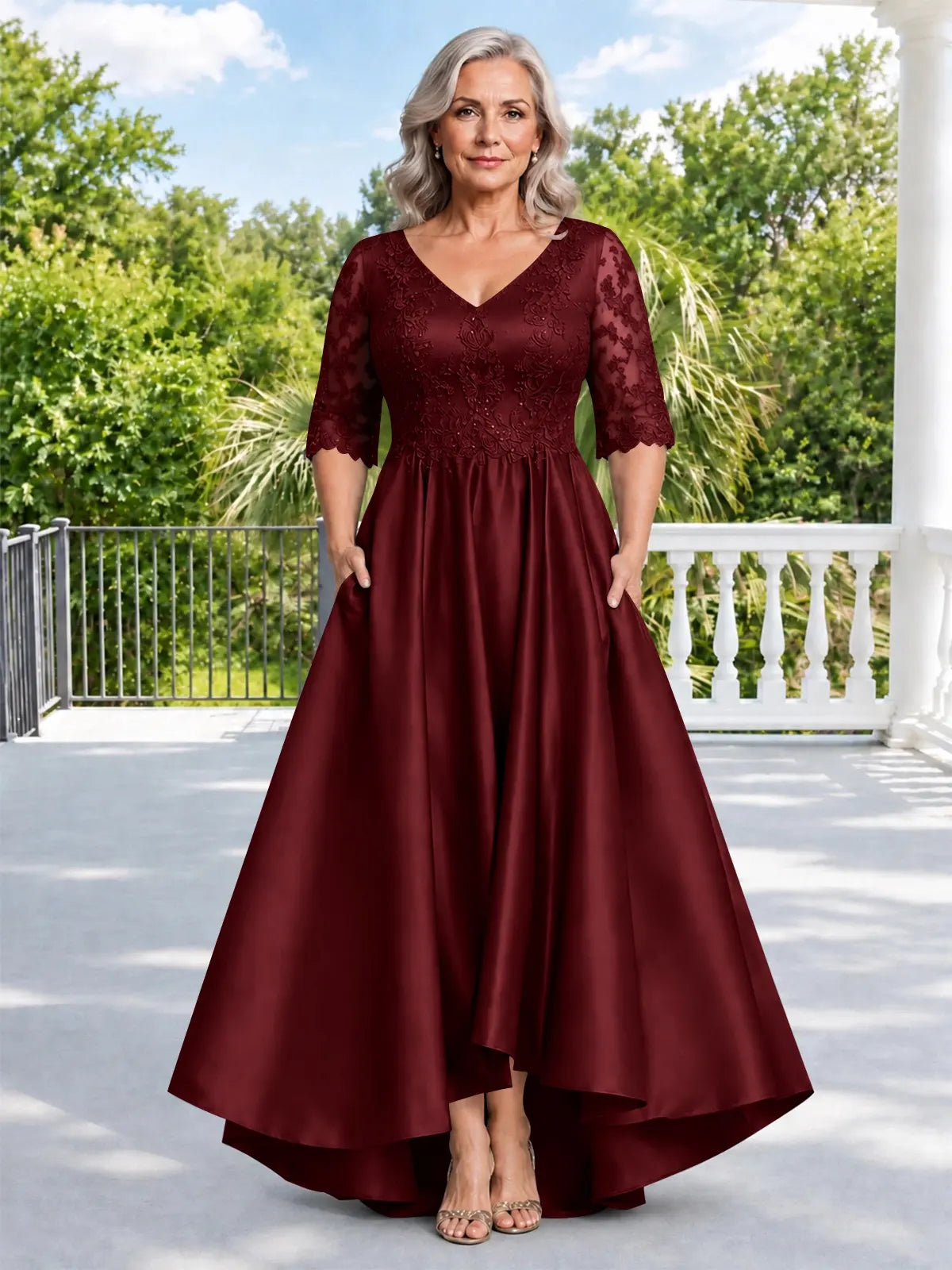 Satin Mother of the Bride Dress with Lace Sleeves-Plus Size 
