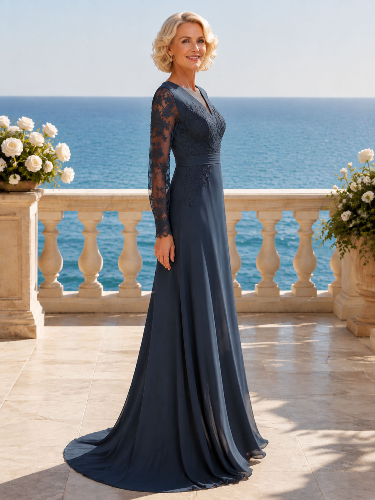 Navy Blue Lace Long Sleeves MOB Dress