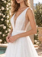 V-Neck Wedding Dress with Pearl Embellished