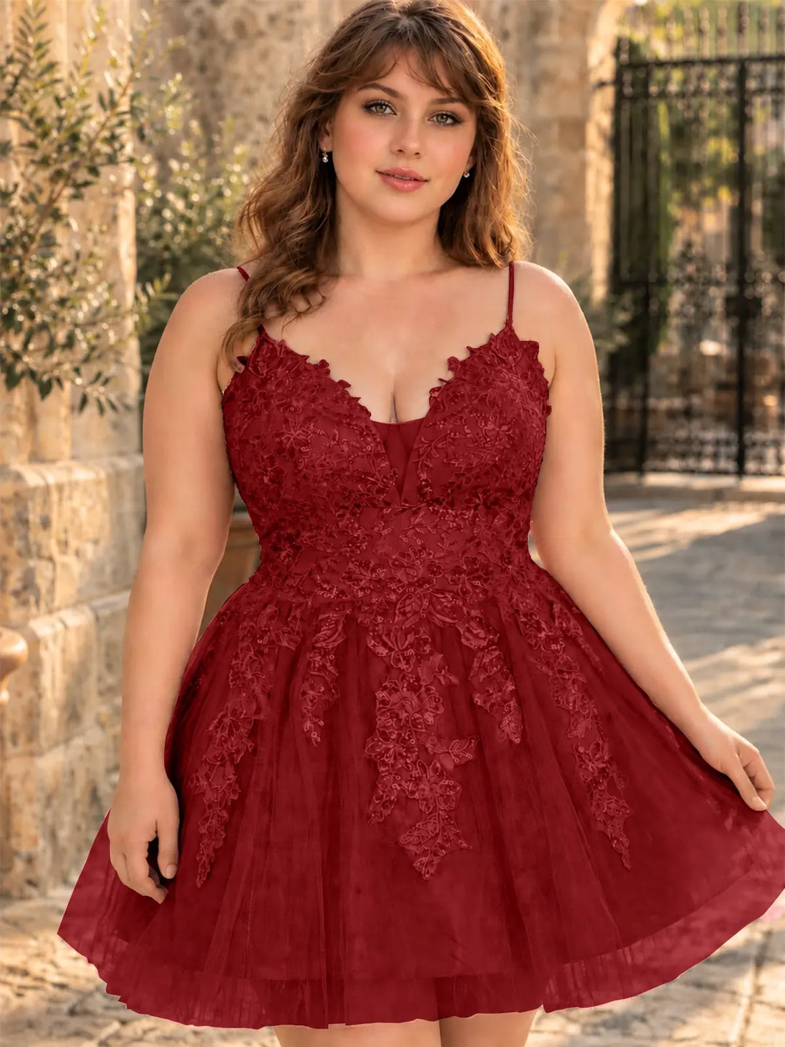 Applique Soft Tulle Mini Dress-Plus Size 