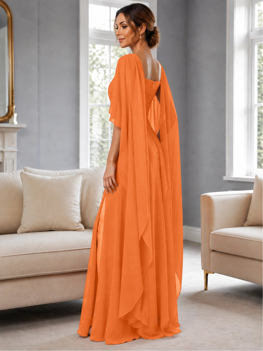 Chiffon Mother of the Bride Dress with Cape Overlay