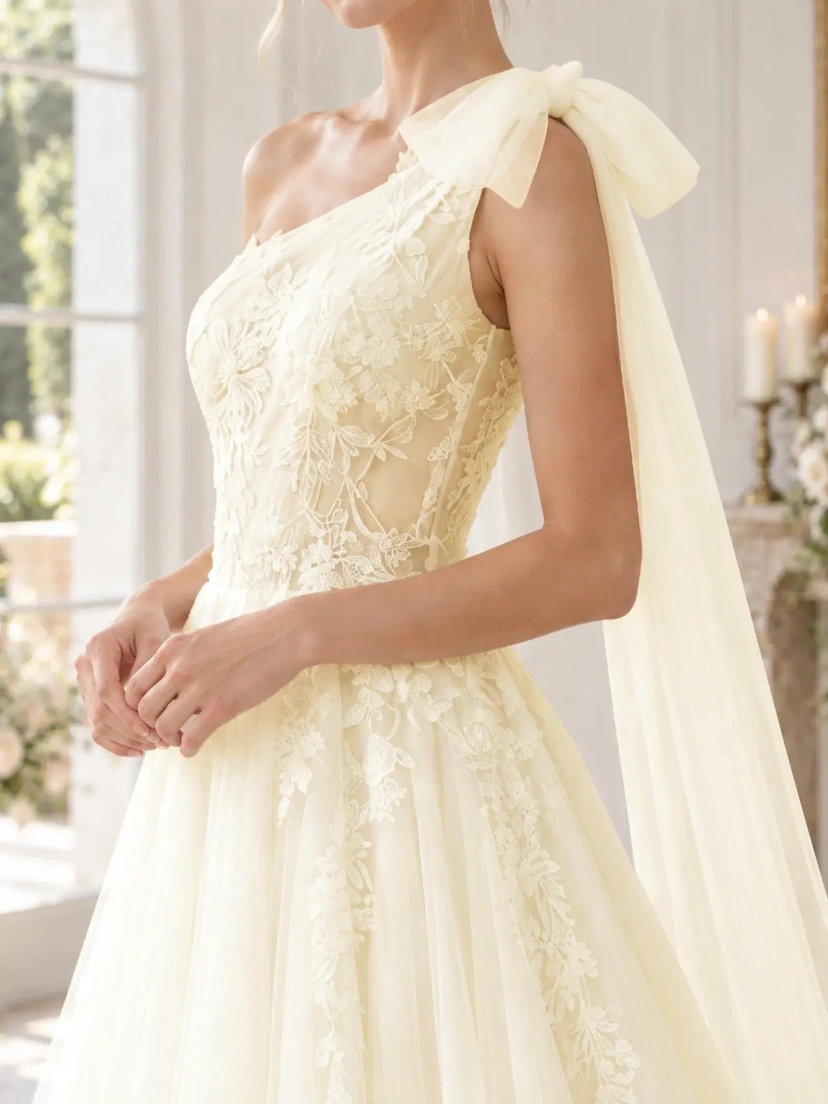 One-Shoulder Wedding Dress with Applique Details