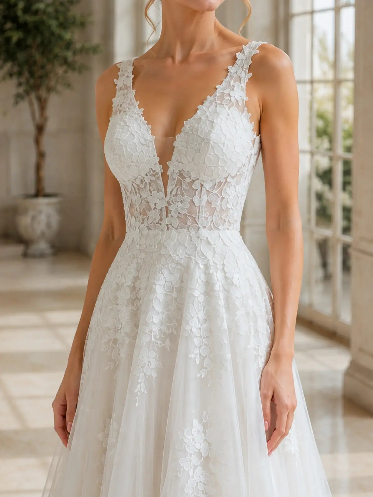 V-Neck Lace Wedding Dress