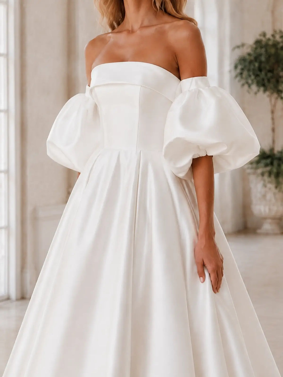 Tube Wedding Dress with Detachable Puff Sleeves