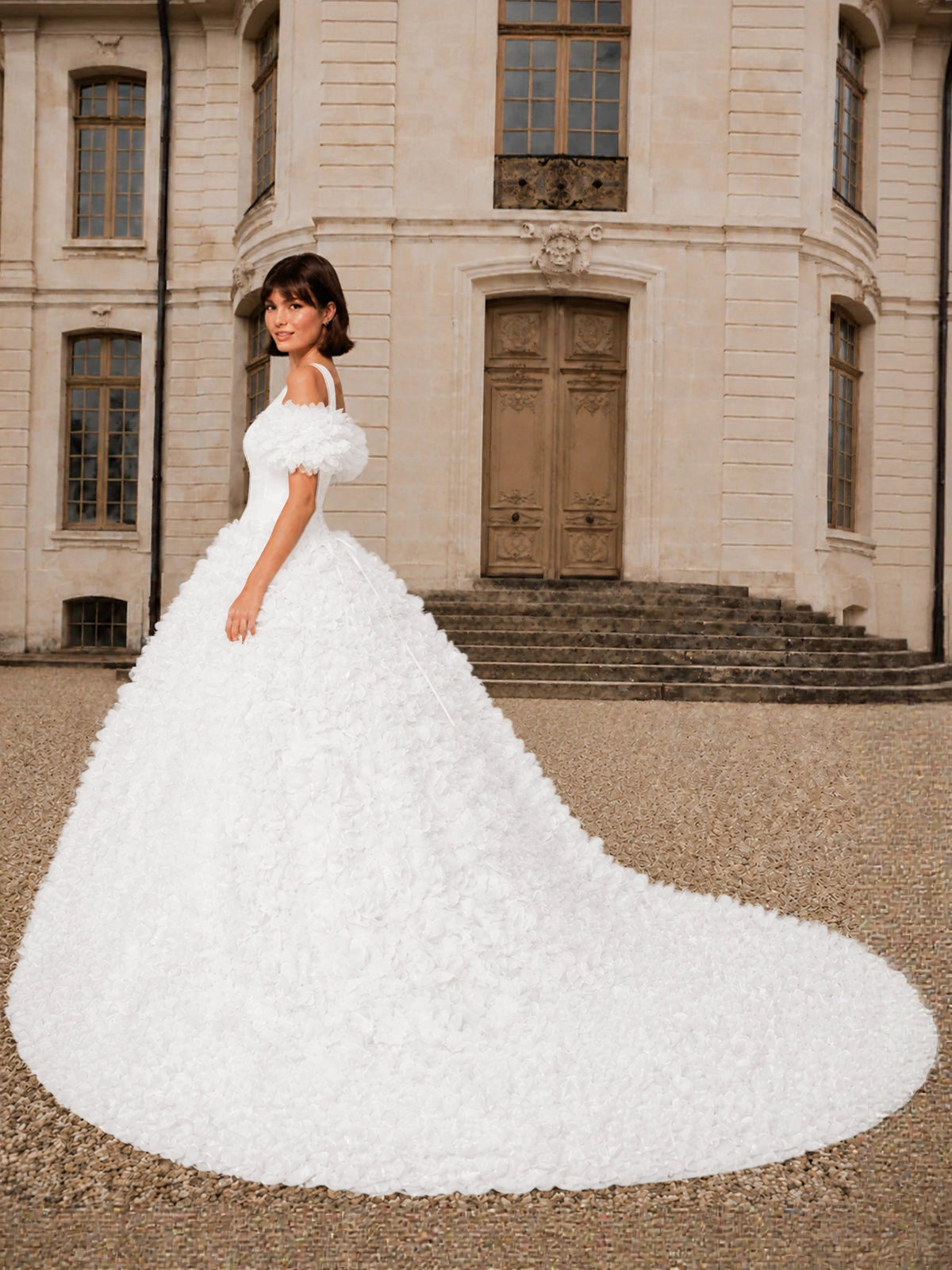 3D Floral Wedding Dress with Off-the-Shoulder Sleeves
