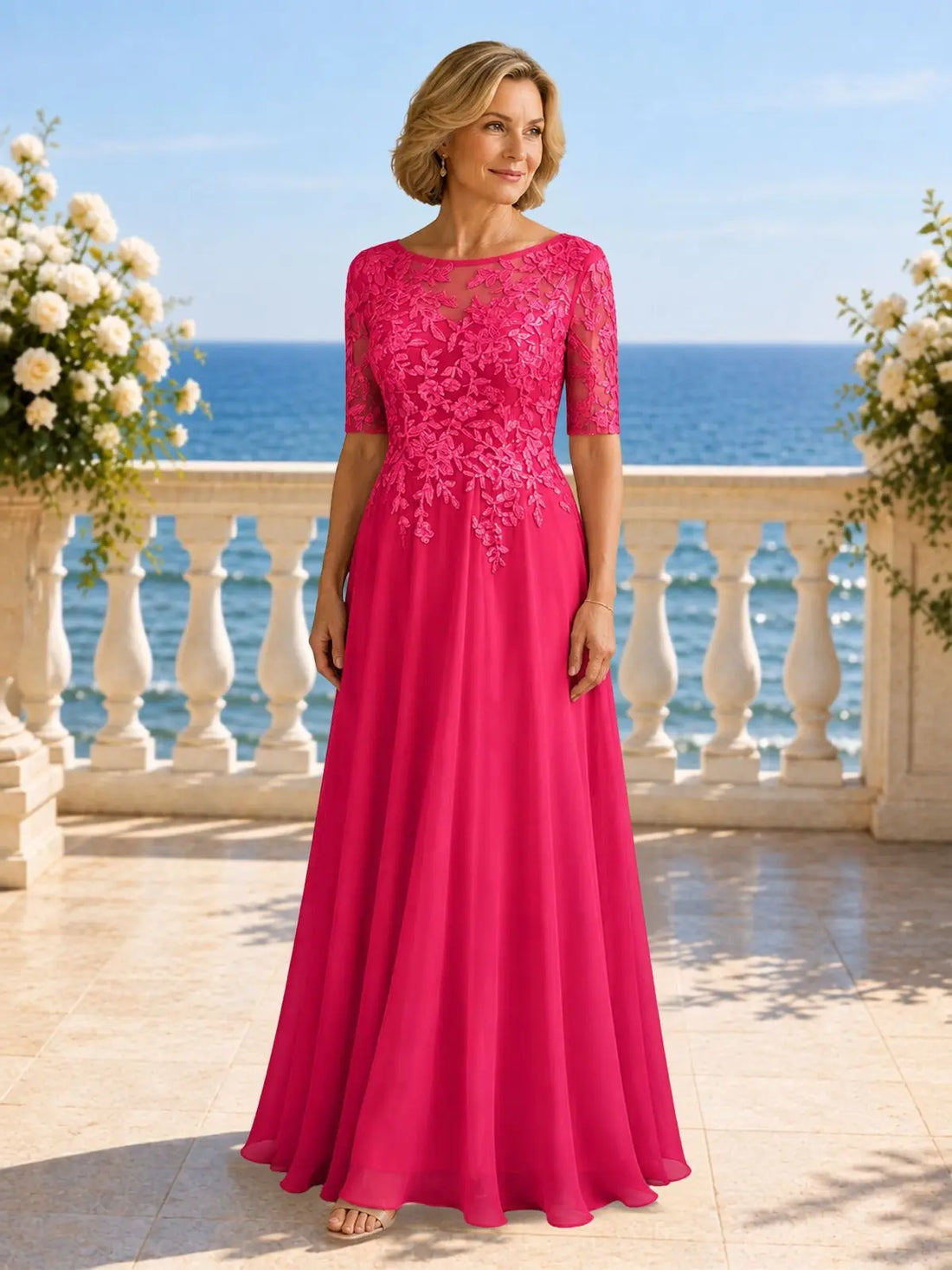 Applique Half Sleeves Chiffon Dress 