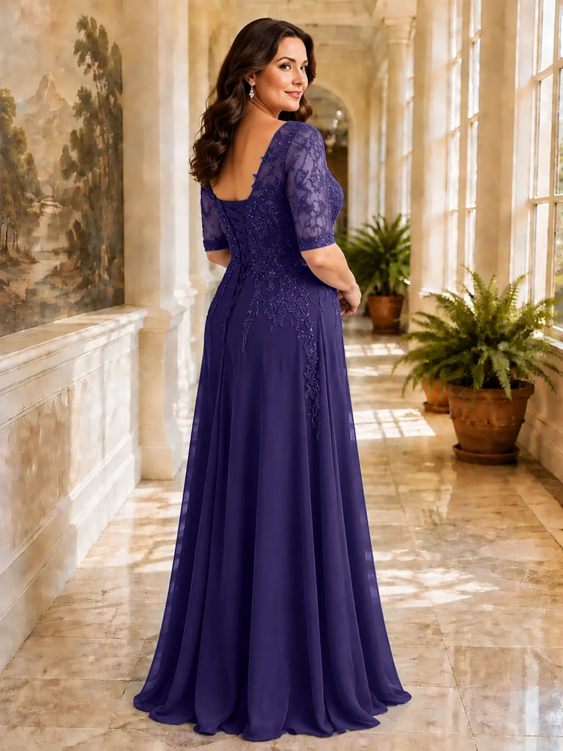 Applique V-Neck Chiffon Dress-Plus Size