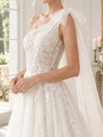 One-Shoulder Wedding Dress with Applique Details