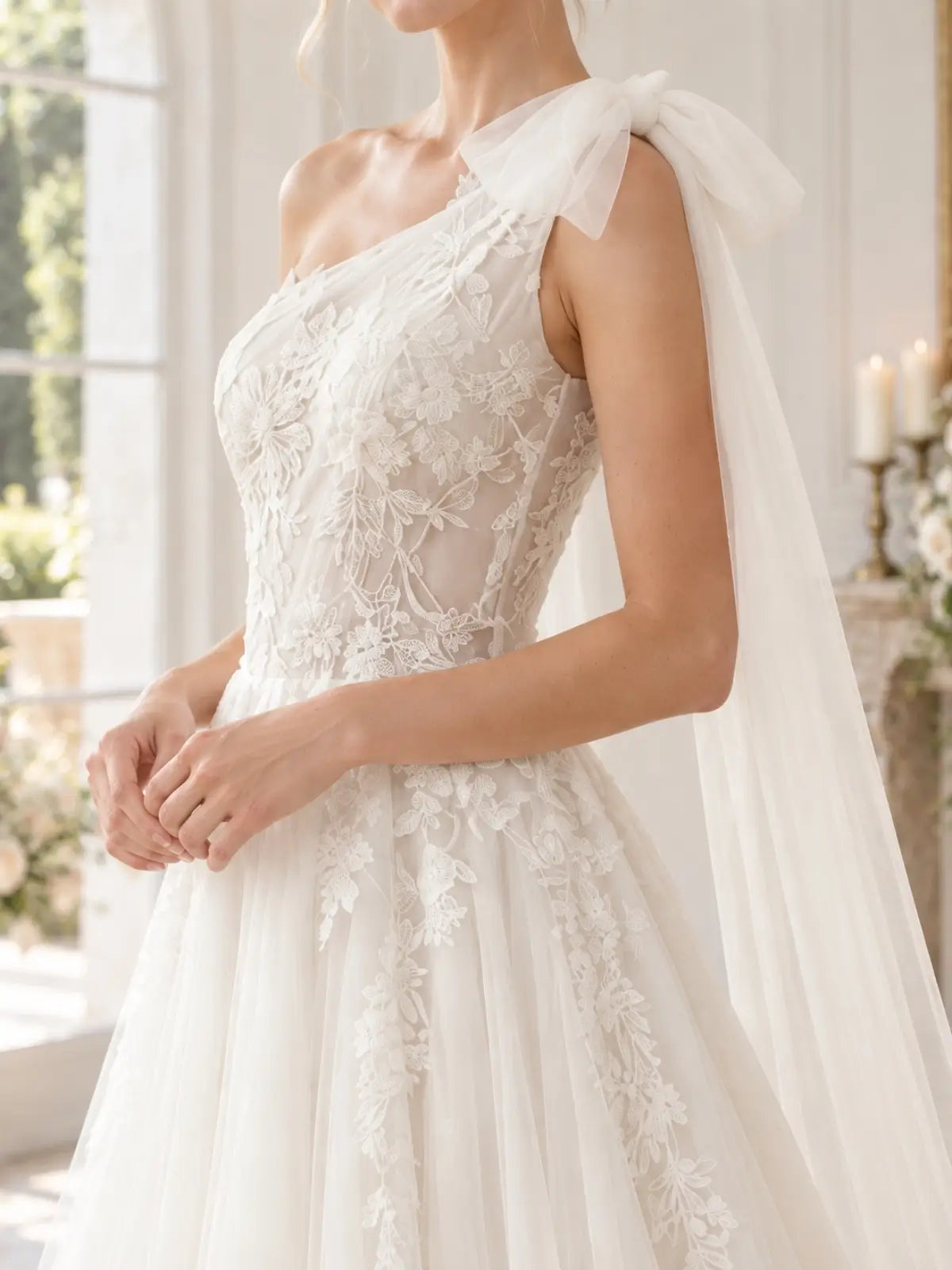One-Shoulder Wedding Dress with Applique Details