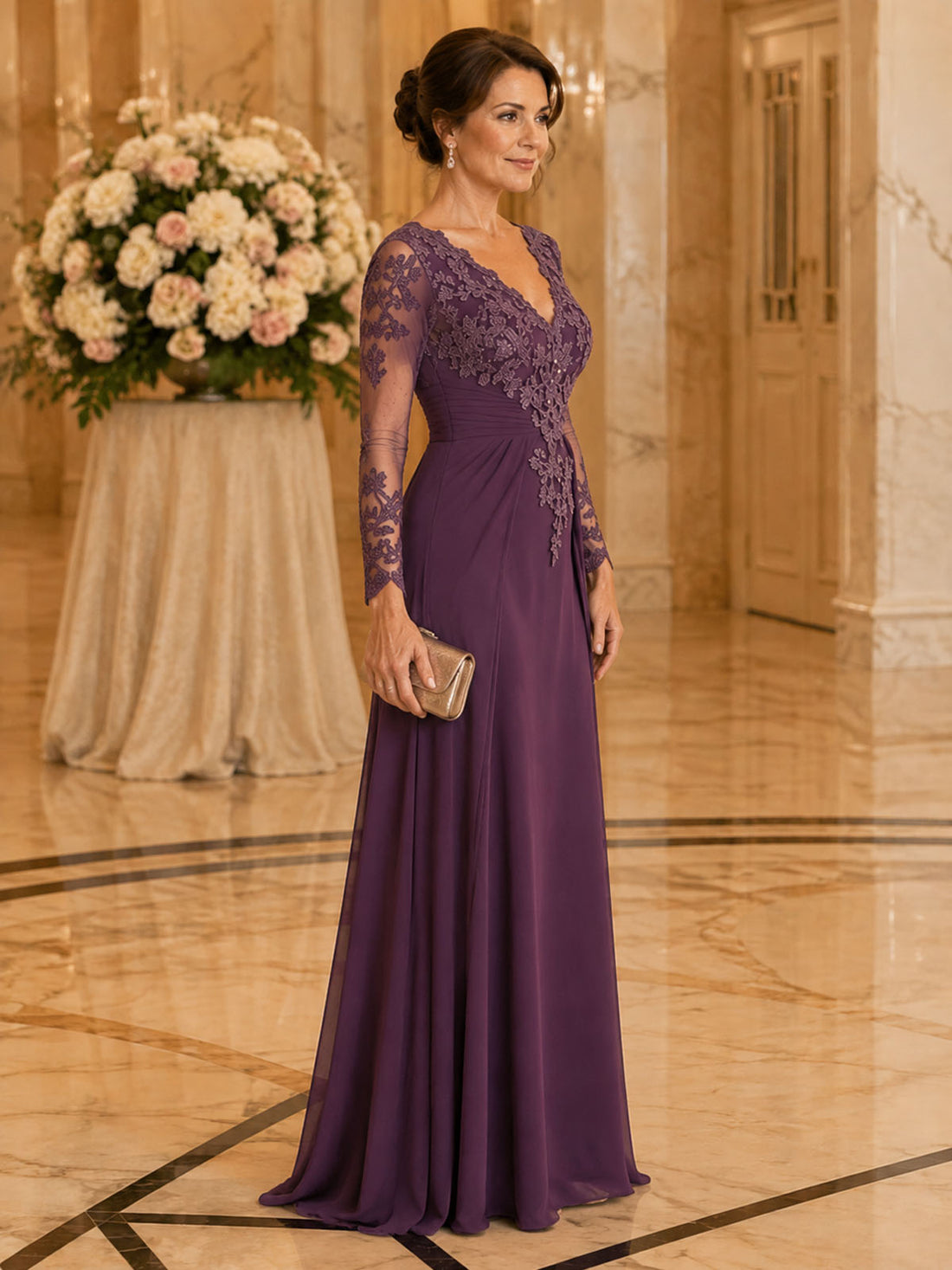 Empire Waist Mom Dress with Scalloped Lace Trim V‑neckline