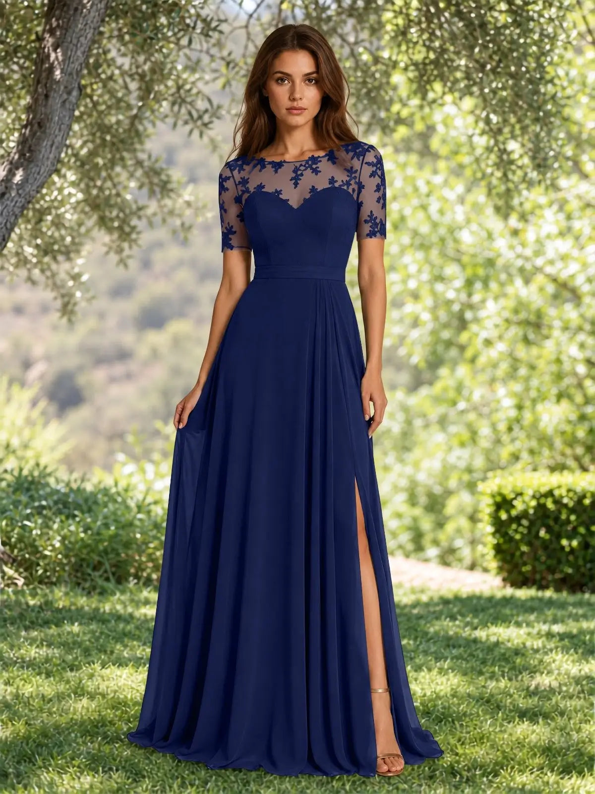 Lace Mother of the Bride Dress with Illusion Neckline 