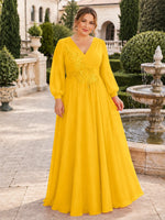 Long Sleeves Applique Chiffon Dress-Plus Size 