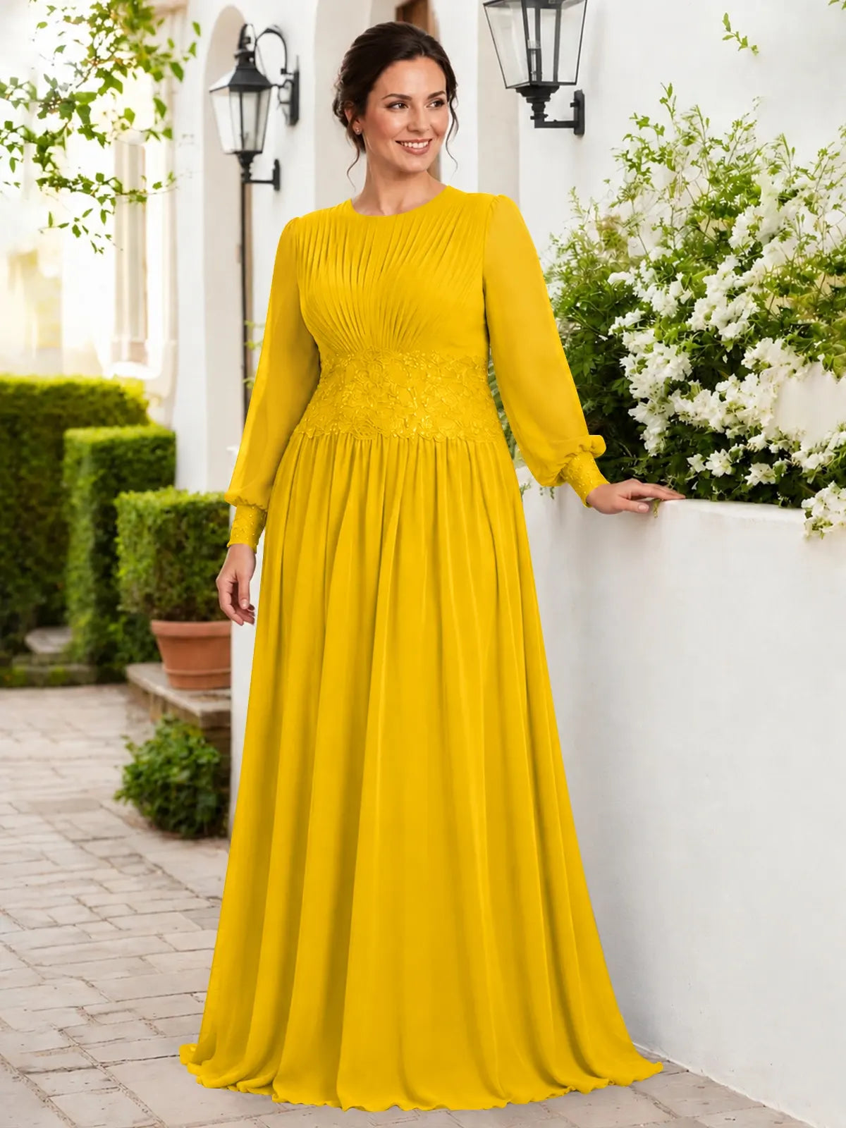 Chiffon Mother of the Bride Dress with Jewel Neckline-Plus Size 