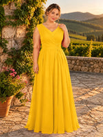 V-neck Pleated Beading Chiffon Dress-Plus Size 