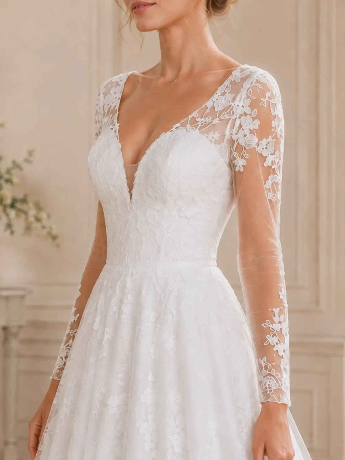 Elegant V-Neck Wedding Dress with Long Sleeves