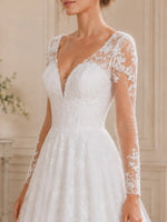 Elegant V-Neck Wedding Dress with Long Sleeves