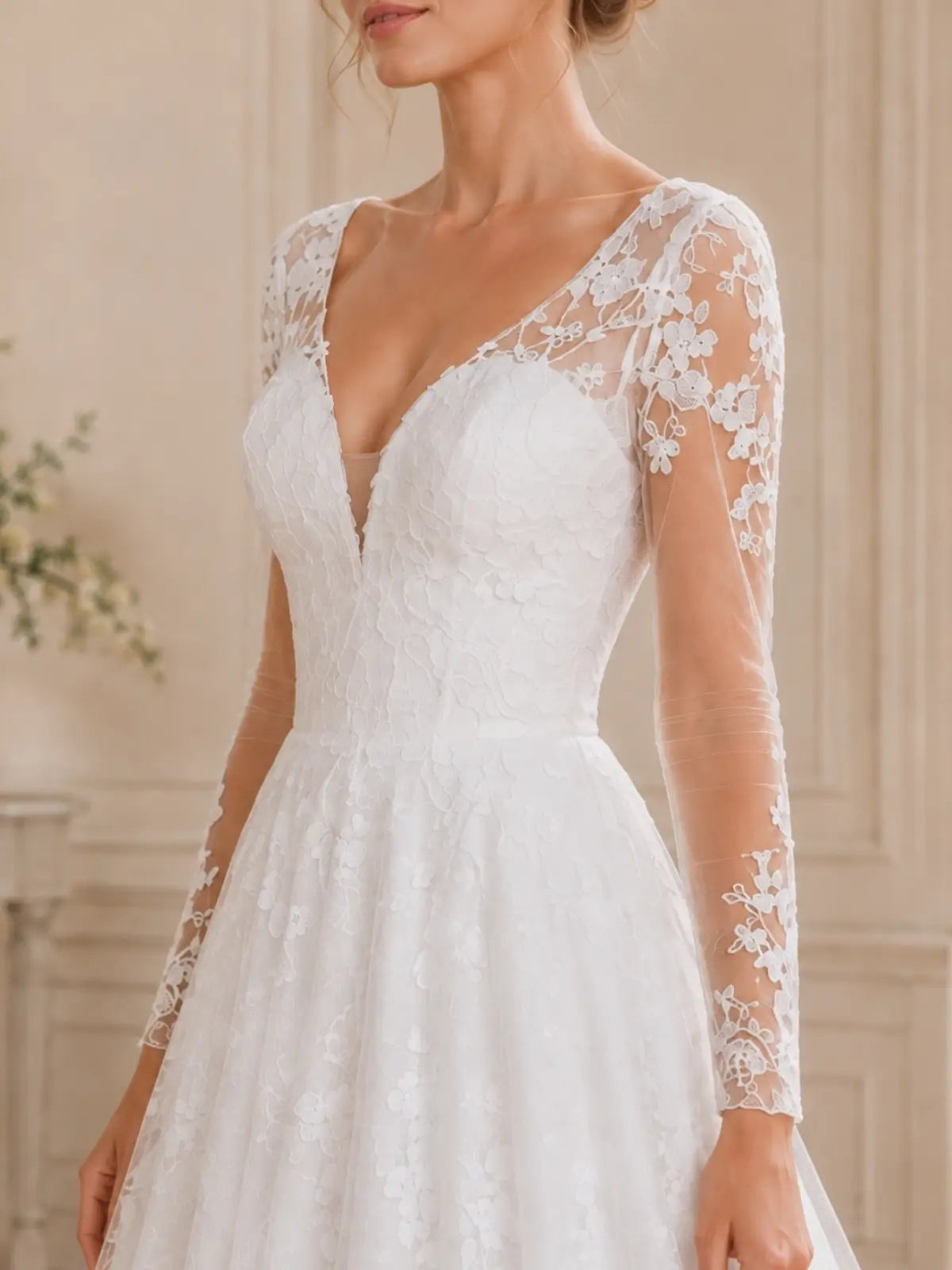 Elegant V-Neck Wedding Dress with Long Sleeves